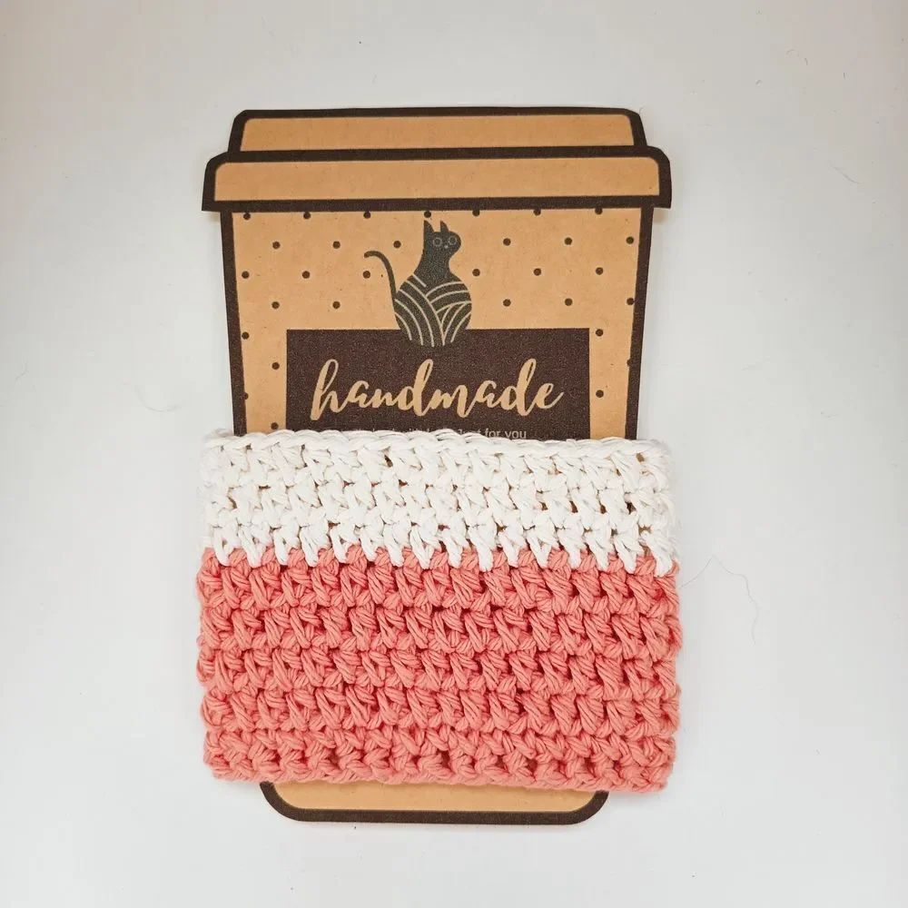 ❤️Handmade Crochet Cup Sleeve - Coral and White